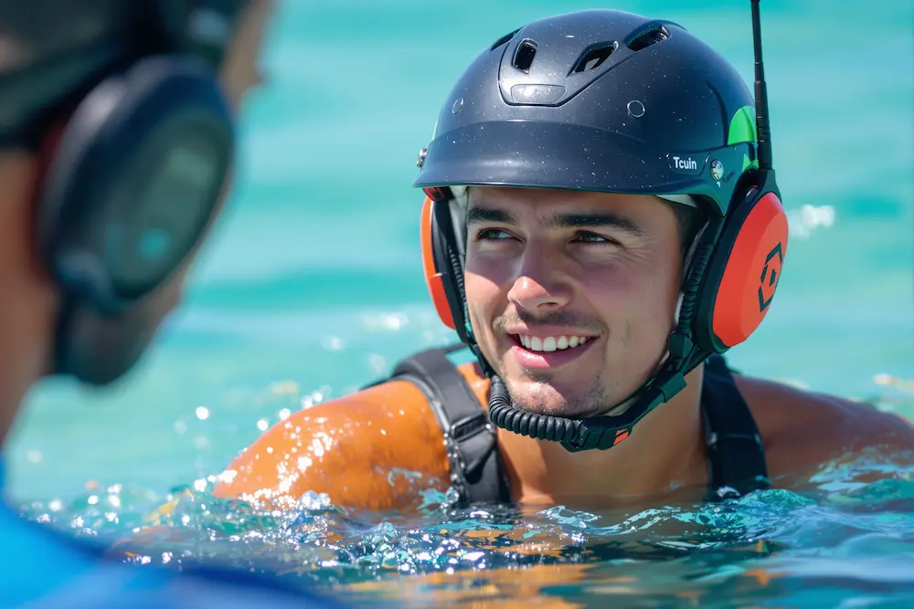 Kitesurf con casco-radio y barco de rescate en Tarifa